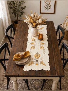 Vintage Embroidered Cream and Mustard Table Runner 12x23